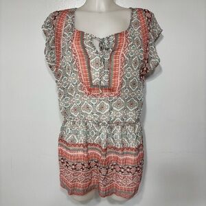Maurices Boho Coral/Aqua Short Sleeve Sheer Blouse Size L